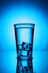 Fresh water with ice cubes in glass on mirror table against blue gradient background. Backlit