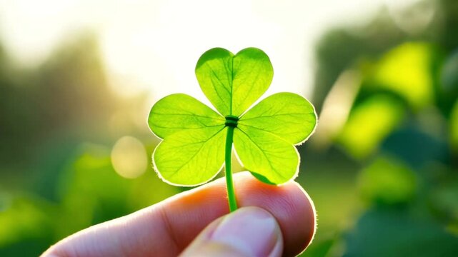 Close-up of a hand gently holding a fresh four-leaf clover against a glowing sunlit background A symbolic image of fortune, optimism, nature.