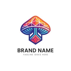 A vibrant geometric mushroom logo featuring bright colors like orange, blue, and purple, designed with a modern aesthetic, perfect for branding or creative projects.