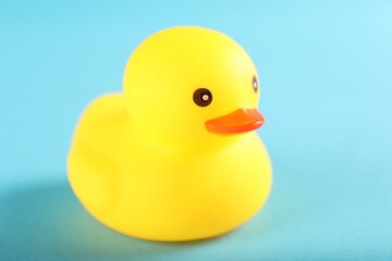 One cute rubber duck on light blue background, closeup