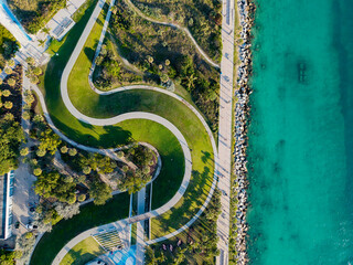 Miami Beach skyline aerial view. Miami city from drone. Tropical Miami scene. Miami district sky view. Famous oceanfront. Panoramic coastline. South beach panorama view. Summer travel in Florida.