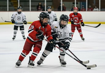 Two young hockey players intensely battle for the puck during a fast-paced ice hockey game.