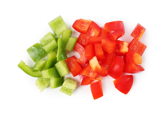 Pieces of fresh colorful bell peppers isolated on white, top view