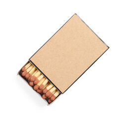Matches in box isolated on white, top view. Mockup for design