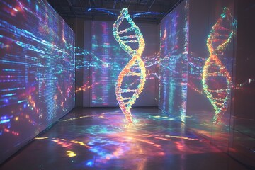 DNA helix holographic projections surrounded by dynamic data streams in a sterile chamber