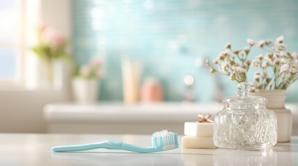 Fototapeta premium Dental hygiene ad with toothbrush icon and empty tips space on a softly blurred bathroom vanity backdrop