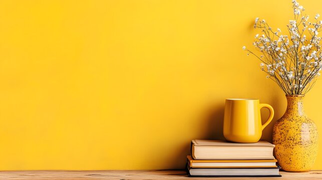 Minimalist Composition with Stack of Books, Yellow Mug and Vase on Bright Yellow Background perfect for editorial design, educational campaigns, modern branding and lifestyle product showcases