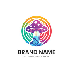 A vibrant, stylized mushroom logo featuring rainbow colors, characterized by a whimsical design, making it ideal for creative and eco-friendly brands.
