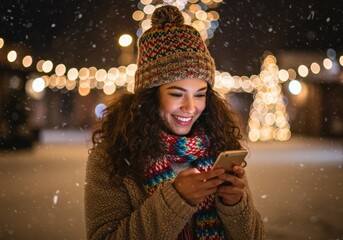 A smiling woman checks her phone on a snowy winter night.