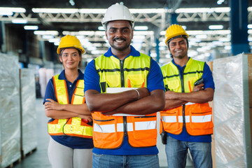 Diverse workfoce team black men,woman factory worker wear safety helmet, safety vest use tablet for industrial warehouse job.Teamwork efficient success modern logistic manufacture operation management