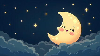 Cute cartoon crescent moon with sleepy eyes and rosy cheeks, floating peacefully in a starry night sky above soft blue clouds. Perfect for bedtime stories, nursery designs, and night-themed illustrati