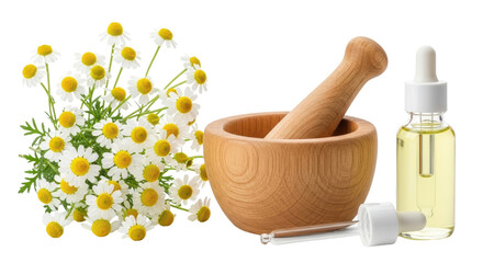 Isolated Chamomile Flowers with Mortar and Pestle