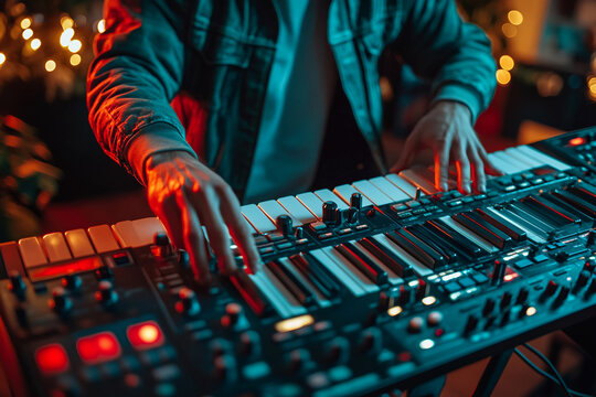 Artist singer dj sound engineer in music production studio with vibrant lights generative ai