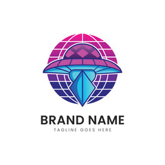 A vibrant, futuristic logo design featuring a stylized mushroom and diamond shapes, set against a colorful globe, representing innovation and creativity.