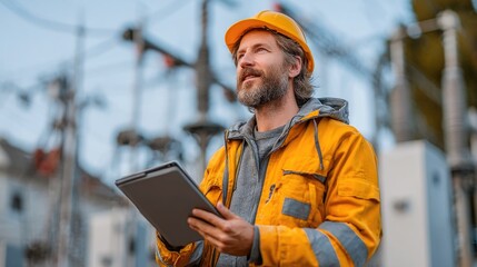 Engineer in safety gear inspecting site with tablet