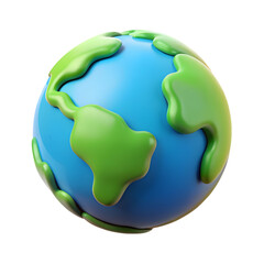Stylized 3d cartoon globe with green continents and blue oceans isolated on transparent background