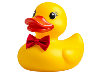 Rubber Duck with Red Bow Tie and Smiling Expression, isolated on transparent background