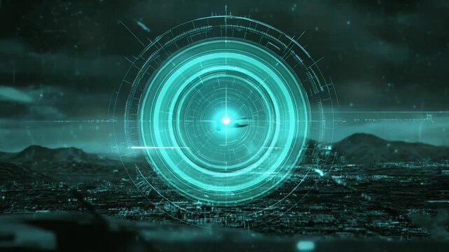 Futuristic military targeting system over digital city with plane scan motion graphic - Powered by Adobe