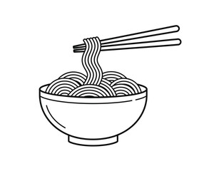 Simple line art illustration of chopsticks lifting a portion of noodles from a bowl