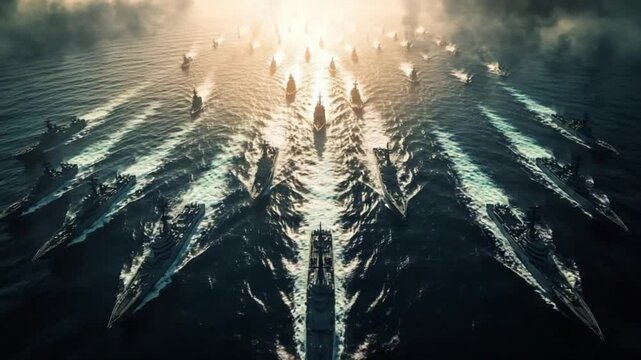 Spectacular Aerial View of a Naval Armada Advancing Through Open Waters at Sunset
