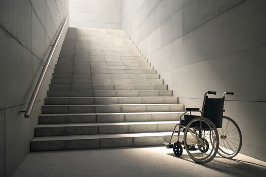 Empty wheelchair facing a stairway in minimalist architecture, symbolizing barriers, accessibility issues, and urban design challenges