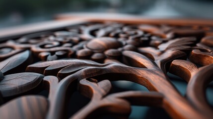 Close-up shot of intricately carved wooden floral design, showcasing detailed craftsmanship