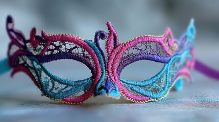 Naklejka premium Floral lace mask in vibrant magenta and cyan on a softly blurred ballroom dance floor background