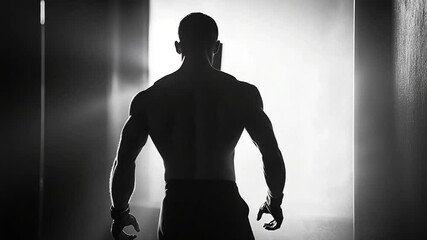 Silhouette of strong muscular boxer, back view training in boxing gym, fitness concept