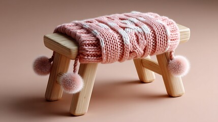 Cozy knitted blanket with pom-poms draped over a rustic wooden stool, indoor comfort