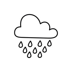 Simple outline drawing of a cloud with falling raindrops in a doodle style
