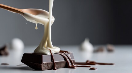 Creamy Delight: White Chocolate Pouring Over Dark Chocolate Bar Still Life