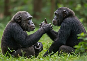 Two chimpanzees share a tender moment, touching fingers in a gesture of connection and understanding.