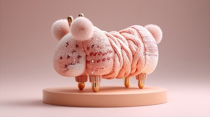 Cute pink knitted sheep with golden accents, on a matching pink platform, artistic render