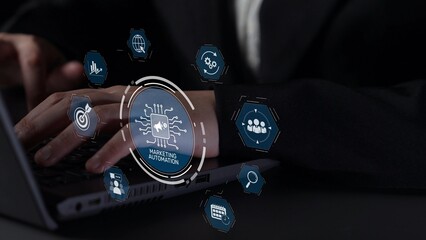 Marketing automation diagram showcase AI-driven campaign workflow, highlight marketing automation,...