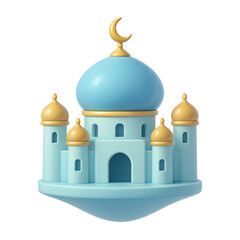 Tranquil Mosque in pastel Palette: A serene mosque with domes and minarets, rendered in soothing blue and gold hues, creates a visual symbol of peace, faith, and Islamic tradition.
