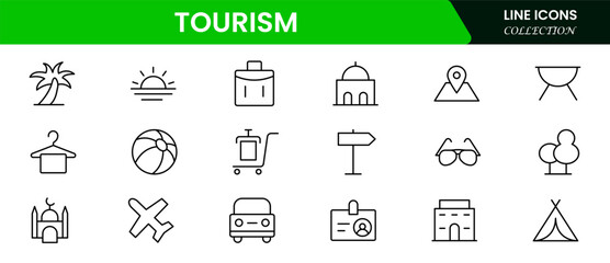 Vibrant vector web line icons depicting tourism, travel, landmarks, maps, and cultural adventures for memorable global exploration experiences.