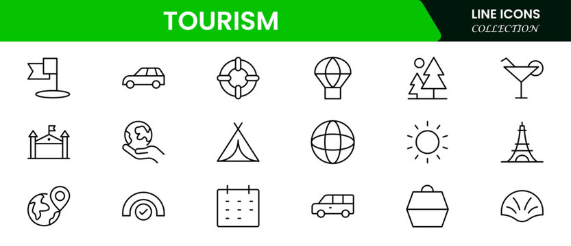 Vibrant vector web line icons depicting tourism, travel, landmarks, maps, and cultural adventures for memorable global exploration experiences.