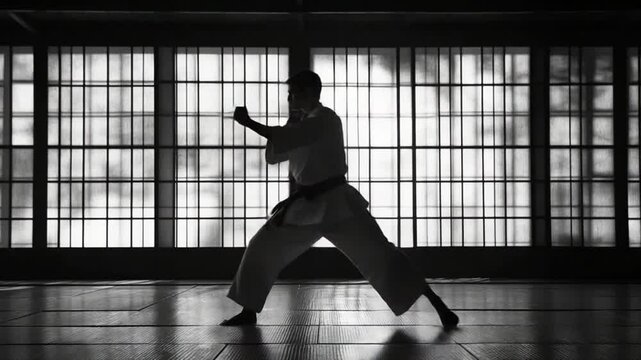 Silhouette of a Karate Expert in a Traditional Dojo Practicing Kata Techniques