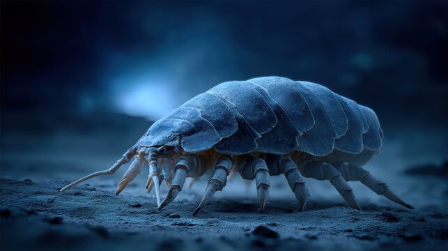 Giant isopod crawling across muddy seafloor in softly blurred hadal trench scene under dim light