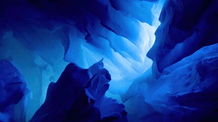 Glacial ice cave illuminated by blue light