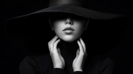 Elegant black and white portrait of a woman in a wide-brimmed hat mysterious mood
