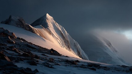 Dramatic Sunlight on Snow-Capped Mountain Peaks against a Dark Sky Backdrop