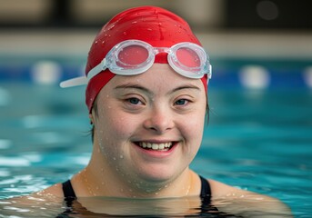 Smiling woman with down syndrome enjoying swimming in a pool.