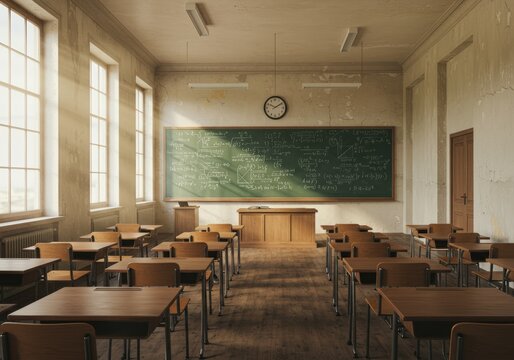 A vintage classroom is filled with desks, a chalkboard, and sunlight.