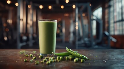Green pea protein shake with pea pods garnish on a softly blurred gym reception backdrop