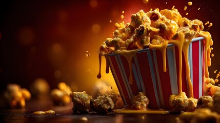 Striped Red Popcorn Bucket Overflowing with Cheese Sauce in Dramatic Lighting perfect for snack food advertisements, cinema promotions, gourmet food branding and fun event visuals