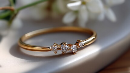 Elegant gold ring adorned with sparkling diamonds, set against a floral background