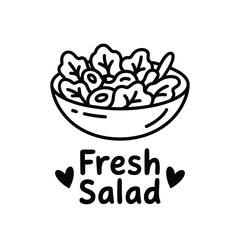 Simple line art illustration of a fresh salad bowl with hearts and text