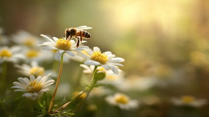 Obraz premium Honeybee collecting pollen from daisy cluster, softly blurred meadow backdrop under golden sunlight