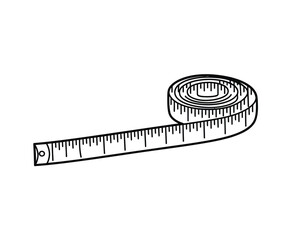 Black and white line drawing of a flexible measuring tape unrolling on a white background